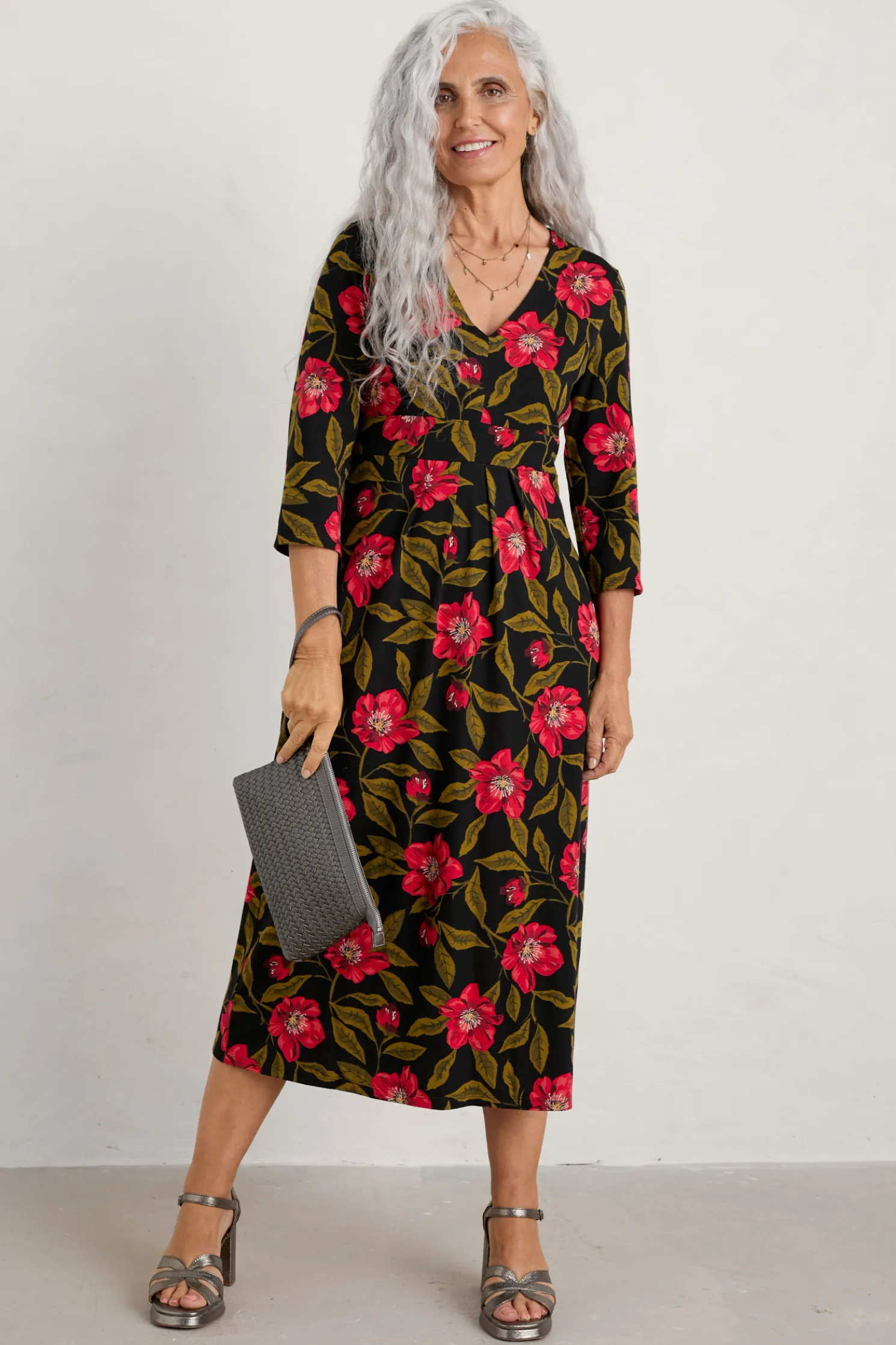 Flower Bud Jersey V- Neck Midi Dress