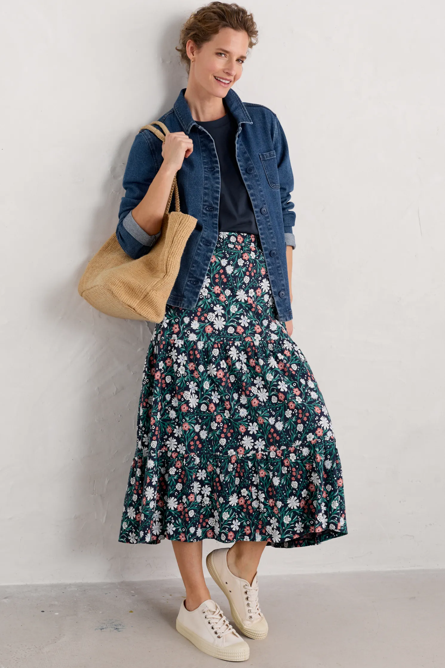 Line Strokes Tiered Midi Skirt